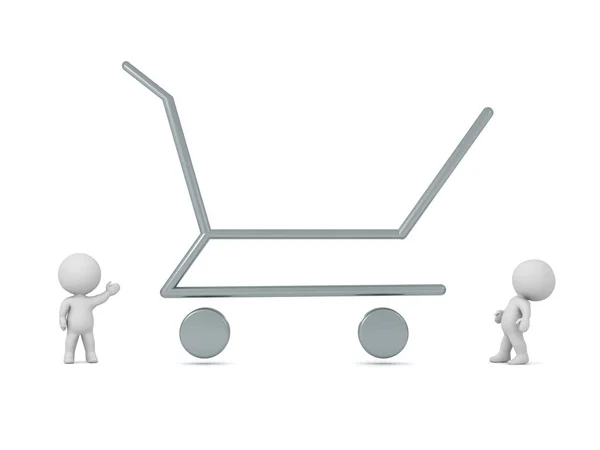 Personagens 3D e grande carrinho de compras vazio — Fotografia de Stock
