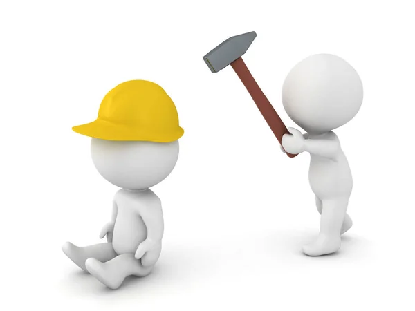 3D Charater wearing a hard hat being hit by a hammer — Stock Photo, Image