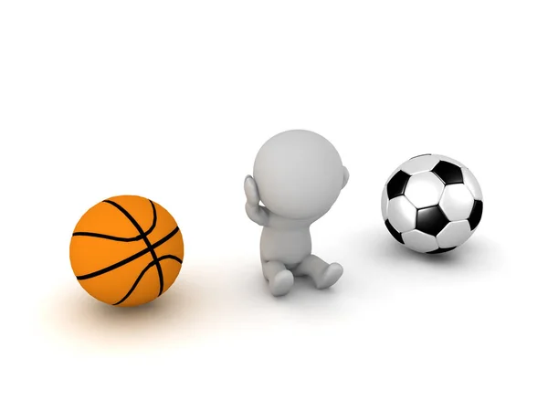 Karakter 3D memilih antara sepak bola dan basket — Stok Foto