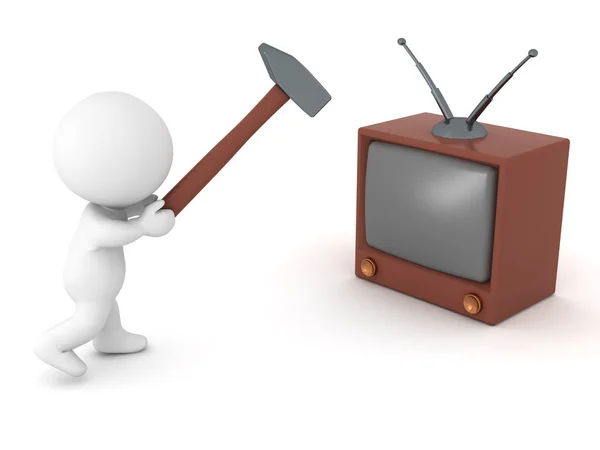 3D Character smashes his TV with a sledge hammer — Stock Photo, Image