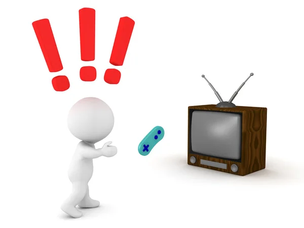 0022 3D character throwing a gamepad at a TV — Stock Photo, Image