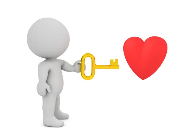 El personaje 3D tiene la llave de oro en el corazón — Foto de Stock