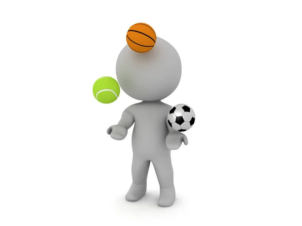 3D Caractère jonglant balles de sport — Photo