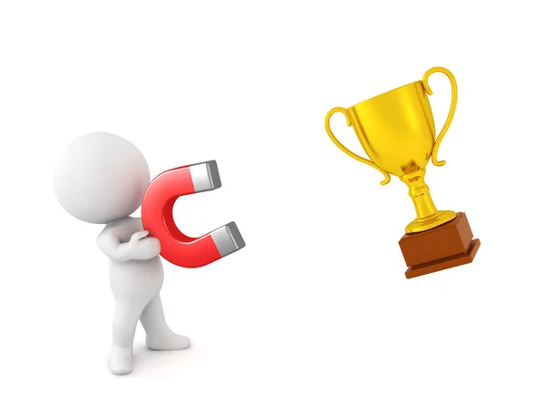3D Character holding a magnet which attracts a trophy — Stock Photo, Image