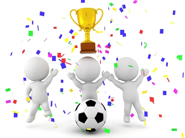 Three 3D characters celebrating the victory of a soccer football — Stock Photo, Image