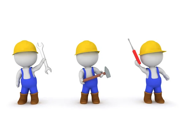 Drei als Arbeiter verkleidete 3D-Figuren — Stockfoto