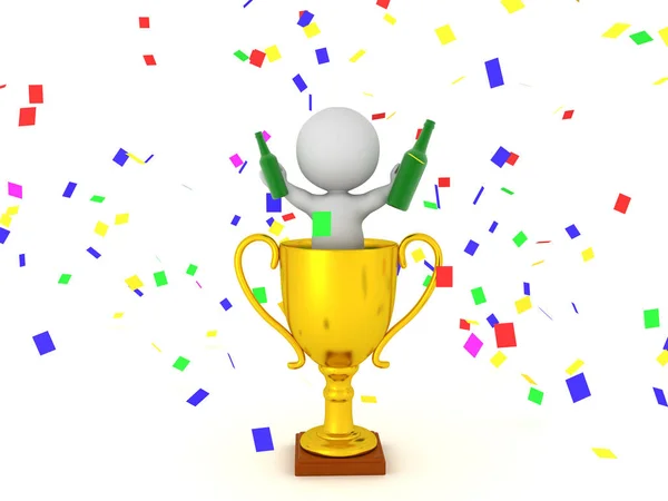 3D Character celebrating in a trophy while holding bottles in ha — Stock Photo, Image