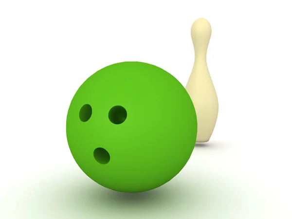 3D Illustration of gren bowling ball with bowling pin behind it — Stock Photo, Image