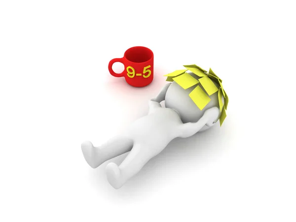 3D-s karakter feküdt a padlón kimerült a cetlik, h — Stock Fotó