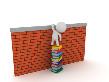 3d karakter duvarı tırmanma kitaplar üstüne oturuyor