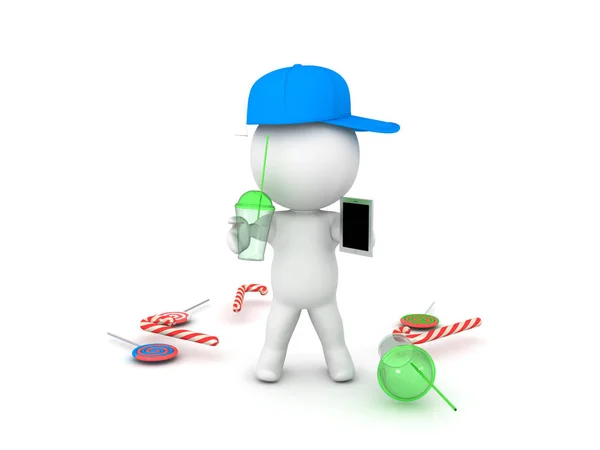 3D illustration depctining tonåring med telefon och läsk i hans h — Stockfoto