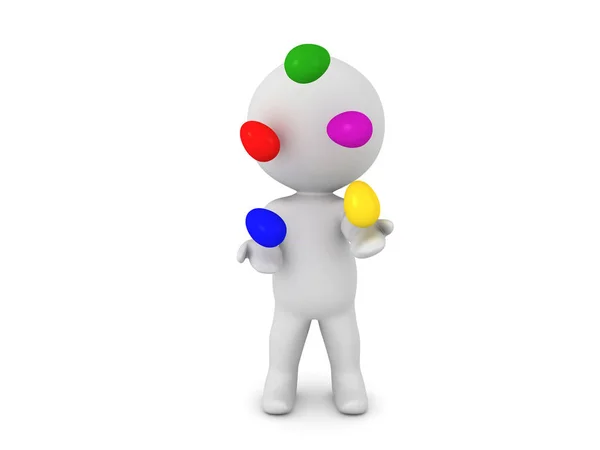 3D персонаж жонглирует красочными пасхальными яйцами — стоковое фото