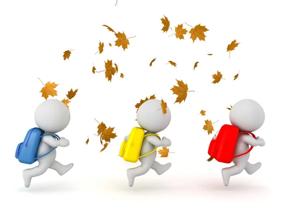 Illustration 3D d'enfants portant des sacs à dos avec des feuilles d'automne — Photo