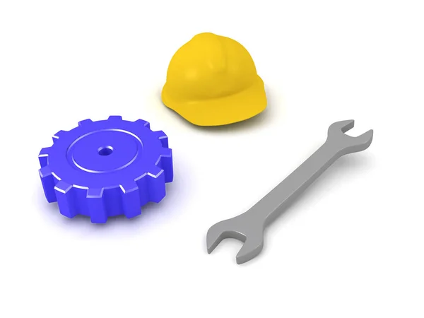 3D иллюстрация гаечного ключа, каски и механического оборудования — стоковое фото