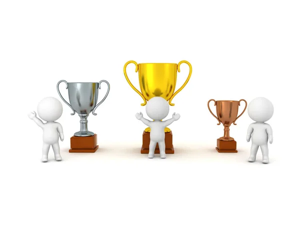 3D Characters with gold, silver and bronze trophies — Stock Photo, Image
