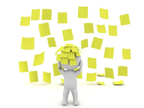 3D Character sitting in a rain of yellow post it sticky notes — Stock Photo, Image