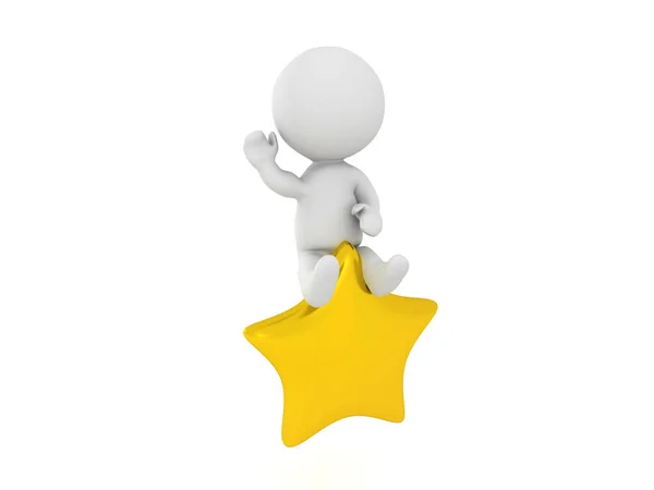 Personagem 3D voando em cima de estrela de ouro brilhante — Fotografia de Stock