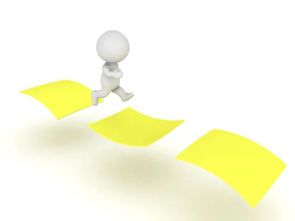 3D Персонаж прыжки из летающих липкий желтый пост это примечание к — стоковое фото
