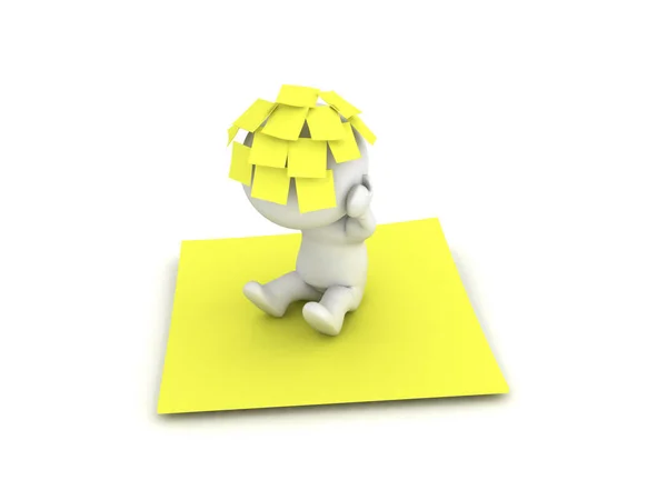 Caractère 3D avec beaucoup de jaune post-it notes collantes sur sa tête s — Photo