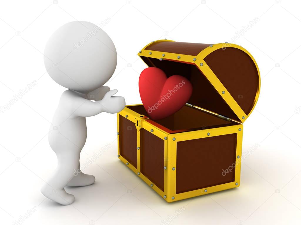 3D Character finding cartoon heart in treasure chest