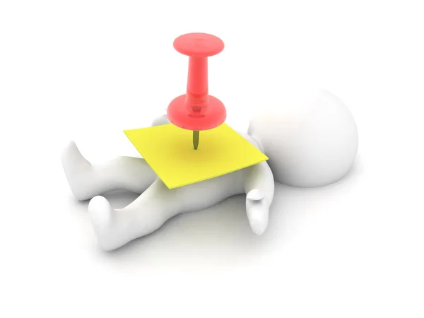 3D Character with yellow post it sticky note pinned on him — Stock Photo, Image