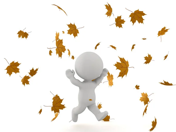 3D-Figur läuft mit den Armen nach oben durch fallenden Herbst lea — Stockfoto