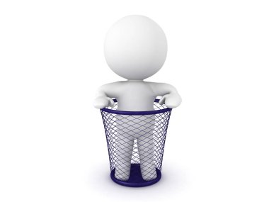 3D karakter ayakta bir çöp sepeti
