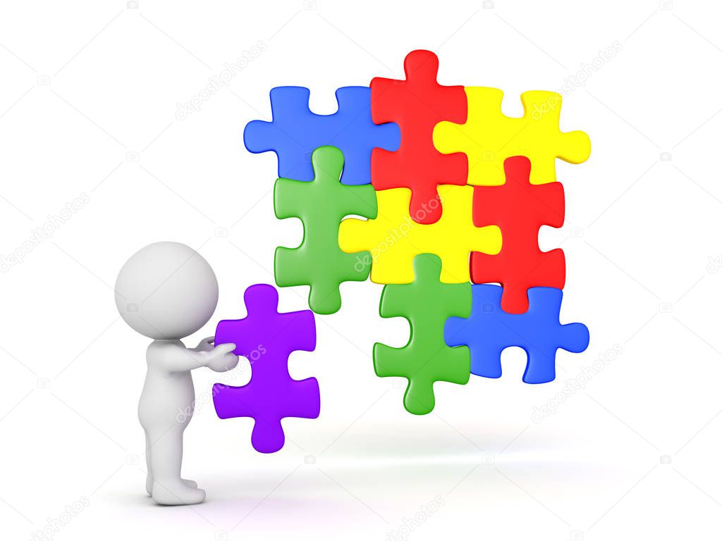 3D Character placing a puzzle piece into jigsaw puzzle