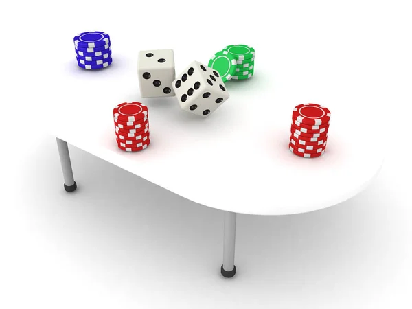 Ilustración 3D de una mesa de juego con pilas de fichas y dic — Foto de Stock