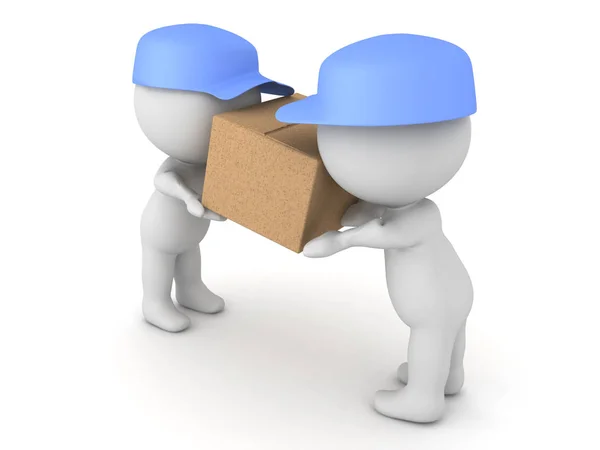 Egy csomag szállítása két szállítási férfi 3D-s illusztráció. — Stock Fotó