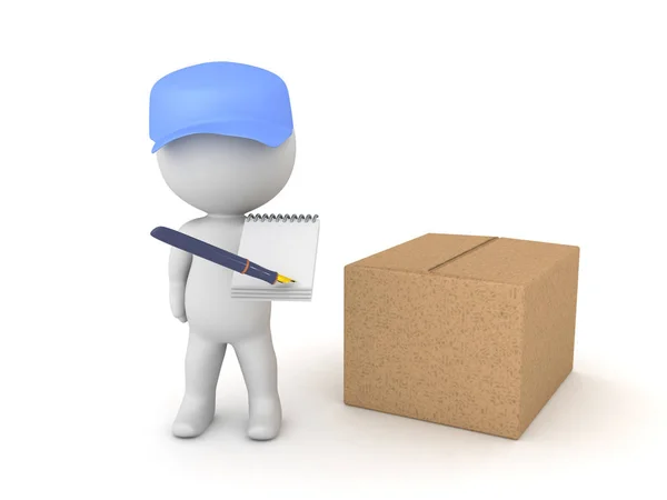 Illustrazione 3D di deliverman con pacchetto che chiede un firmatario — Foto Stock