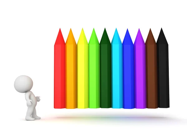 Personaje 3D mirando crayones de colores arco iris que son positi —  Fotos de Stock
