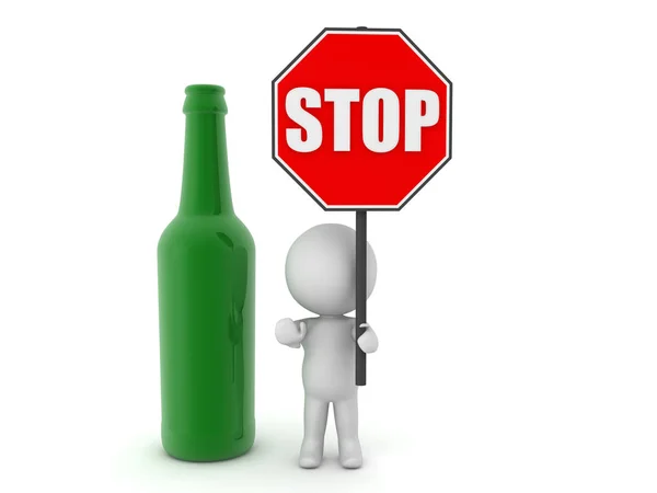 3D-Figur mit rotem Stoppschild neben Bierflasche — Stockfoto