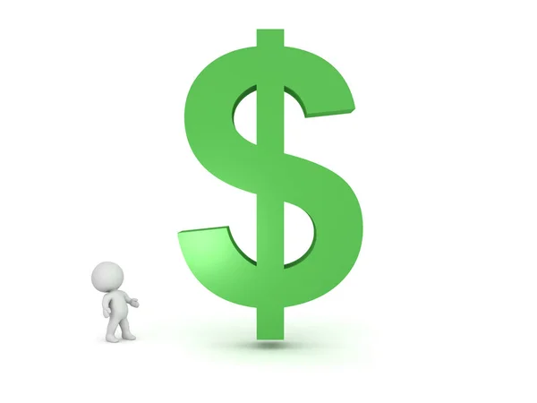 3D personage kijken op reus dollarteken — Stockfoto