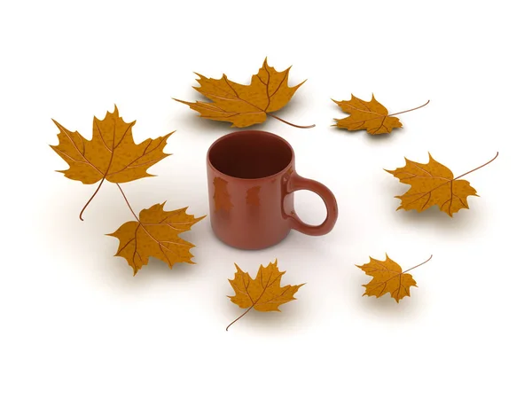 3D illustration of a cup of coffee with yellow autumn leaves aro — Stock Photo, Image