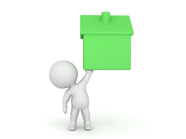 Personaje 3D sosteniendo un icono de una casa de color verde — Foto de Stock