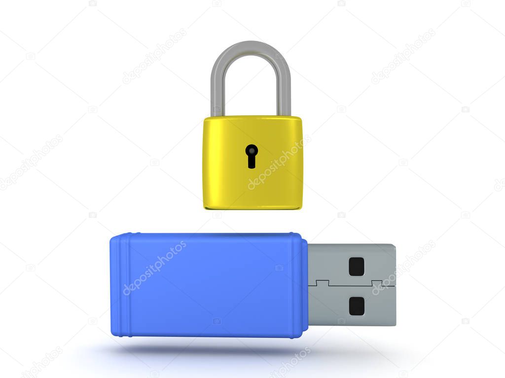 3D illustration of a usb stick with a pad lock above it