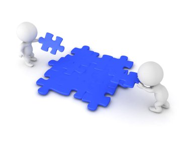3d karakterler puzzle parçaları parçalı bulmaca yüzey üzerine yerleştirerek