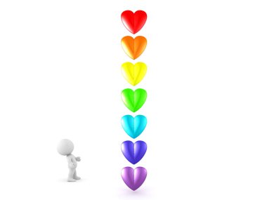 3D Character looking at rainbow colored cartoon hearts clipart