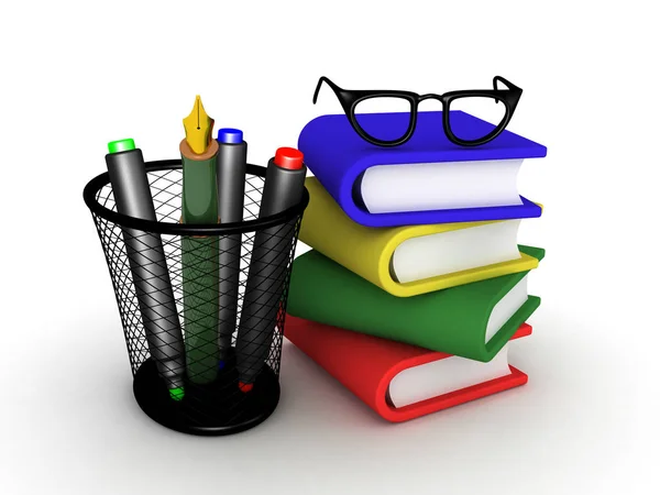 3D illustration of stack of books wtith glasses on top and pecil — Stock Photo, Image