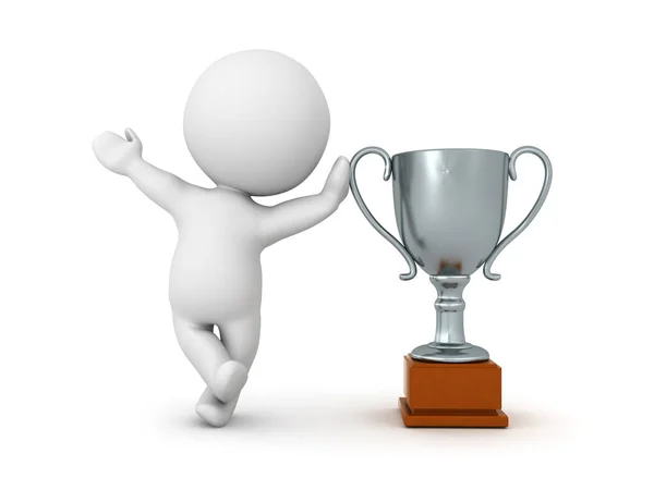3D Character leaning on silver metallic trophy — Stock Photo, Image