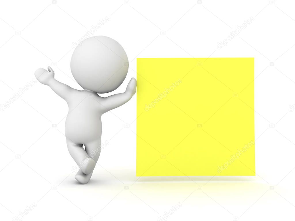 3D Character leaning on yellow sticky post it note