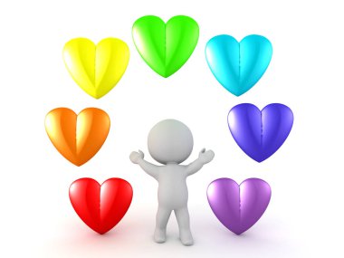 gökkuşağı ile 3D karakter karikatür kalpler onun etrafında renkli