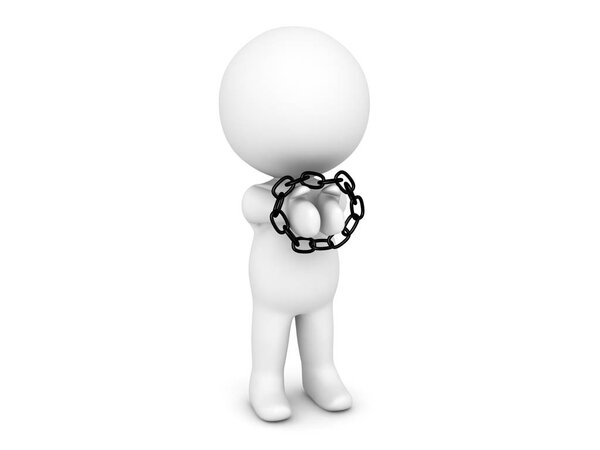3D Character with his hands tied up with a chain
