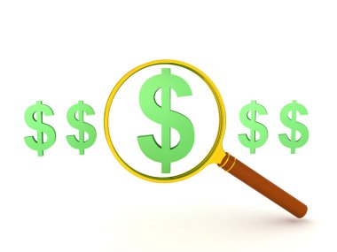 Doları sembolü saydı ve magnifyied 3D çizimi