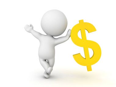 3d karakter Metalik altın dolar sembolü yaslanmış