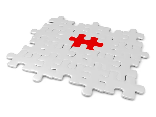 3D illustration of grey jigsaw puzzle pieces with a red one in t — Stock Photo, Image