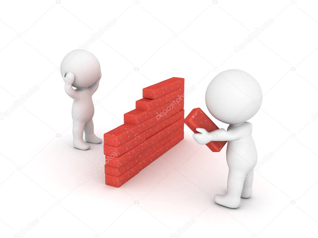 3D Character building a wall to isolate himself from others beca