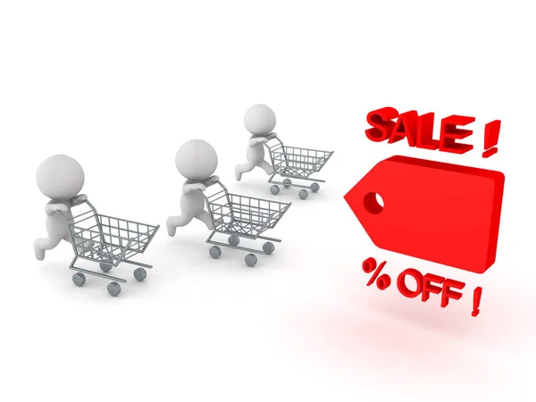 Three 3D Characters running and pushing shopping cart towards pr — Stock Photo, Image