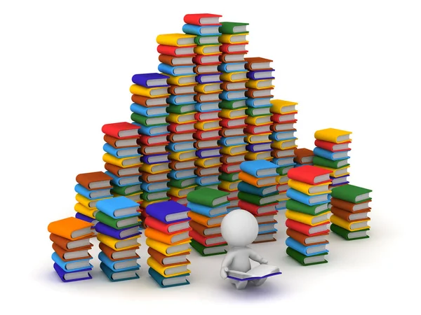 3D Character Surrounded by Many Books — Stock Photo, Image